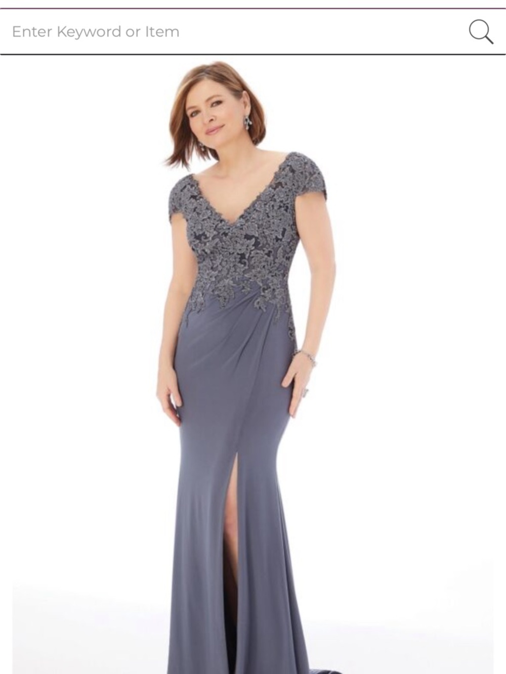 Mori Lee Slate Gray Lace Appliqué V-Neck Evening Gown